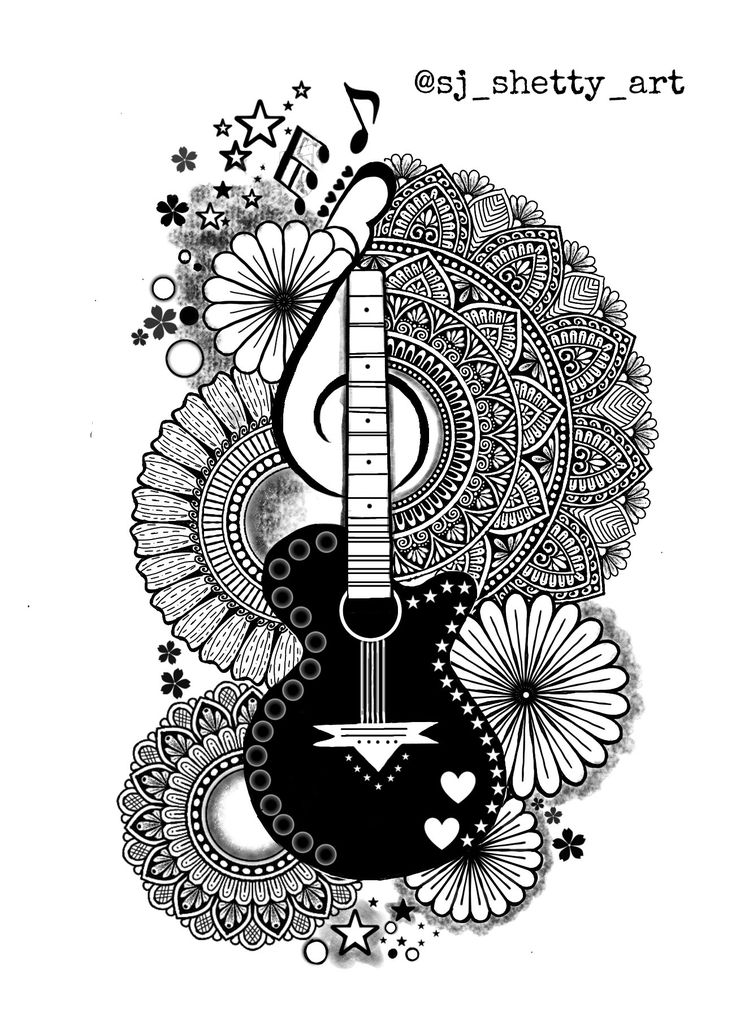 a black and white drawing of an acoustic guitar with music notes on the neck, surrounded by flowers