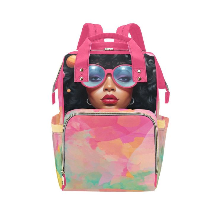 .title { font-size: 18px; } .title1 { font-size: 14px; } .list { background-position: left 10px; } ChicVision Watercolor Multi-Function Backpack Step out in style and functionality with our ChicVision Watercolor Multi-Function Backpack, featuring a striking image of a melanin queen sporting chic pink glasses. Designed for durability and fashion-forward flair, this backpack boasts a spacious main compartment and multiple interior pockets for convenient organization. Whether you're packing food, clothes, water bottles, diapers, or books, our backpack has you covered. 【Type】Made from waterproof nylon, 10.83"(L) x 6.69"(W) x 15"(H) x 3.1"(Hand Drop). 【Product description】24.34 Oz. Made from 100% polyester, durable and fashionable. Large capacity. One main compartment and some seperate pockets Fun Travel Backpack With Zipper Closure, Trendy Pink Diaper Bag, Playful Pink Backpack For Everyday Use, Multicolor On-the-go Backpack For Back To School, Playful Pink Softback Backpack, Playful Pink Softback Bag, Rectangular Summer School Backpack, Trendy Summer Backpack For Daily Use, Trendy Backpack For Outdoor Activities