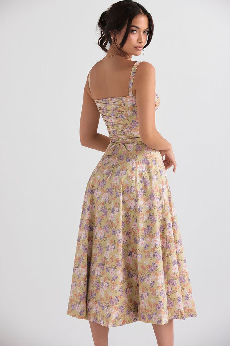 Floral Bustier Midriff Waist Shaper Dress — Curvy Waves Fitted Bodice Sundress For Garden Party, Midi Length, Floral Print Summer Midi Dress With Sweetheart Neckline, Summer Midi Dress With Sweetheart Neckline And Floral Print, Fitted Bodice Sundress For Summer Garden Party, Summer Sundress With Fitted Bodice For Garden Party, Summer Floral Print Midi Dress With Fitted Bodice, Cotton Sundress With Fitted Bodice, Cotton Dress With Fitted Bodice For Garden Party, Fitted Bodice Sundress For Garden Party