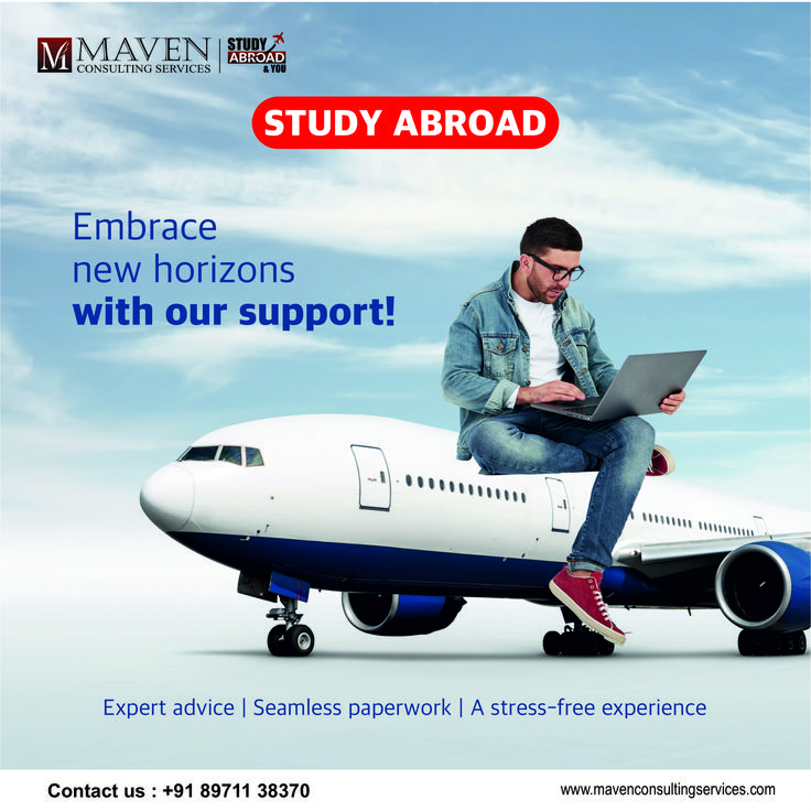 a man sitting on top of an airplane with a laptop computer in his hand and the caption reads, study abroad embrace new horizon with our support