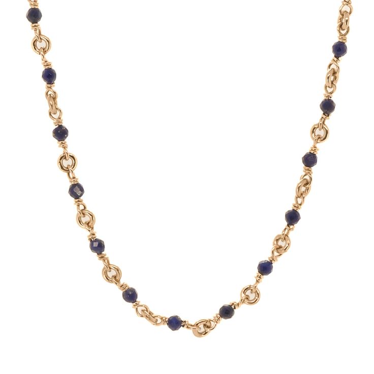 Lapis Lazuli Stone & Solid Gold Chain Necklace is from Ebru Jewelry's new Fine Jewelry series. These one of a kind designs are all hand crafted from recycled Metals and Natural Gemstones in our New York Atelier to add a unique to any look. With our jewelry you can add a stylish touch to any outfit. Details 14 carat yellow gold eye 2mm Various natural stones Necklace length is 16'' and 2'' Extender Avoid contact with chemicals, makeup, perfume. Do not use dips or abrasive cleaners on necklace. To clean and brighten it up your necklace, wipe them gently with jewelry polishing cloth. Elegant Blue Jewelry With Cable Chain, Elegant Blue Cable Chain Jewelry, Elegant Blue Delicate Chain Necklace, Elegant Blue Long Chain Necklace, Elegant Long Blue Chain Necklace, Elegant Blue Necklace With Cable Chain, Elegant Blue Beaded Necklace With Adjustable Chain, Elegant Blue Beaded Chain Necklace, Blue Round Cable Chain Necklace