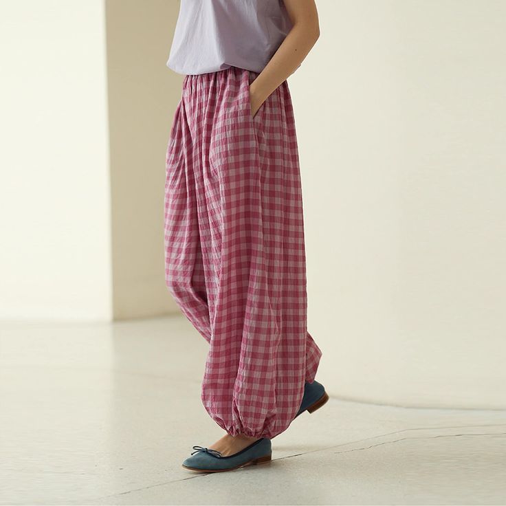 Welcome to LindaMengbi. We are handmade lovers who make every item with heart. Every items is handmade by a member of our family. We love custom items, we can make any size according to your requirements, feel free to contact us! ! ! Breathable Cotton Pants Plaid Lantern Pants - Retro Wide-Leg Pants Gingham Pants, Summer Women's Loose Fitting Pants Casual Trousers To make it more suitable for you. Please tell me your body size: your height your weight your bust your upper arm circumference Please let us know if you have special requirements or special characters, such as wide shoulders, long arms, long waist, etc. We can make any size for you! ! ! Please refer to the size and size to find the most suitable size, if you are not sure, please feel free to contact me, I will be happy to help y Plaid Cotton Bottoms With Elastic Waistband, Relaxed Fit Plaid Pants With Elastic Waistband, Plaid Relaxed Fit Summer Pants, Summer Plaid Relaxed Fit Pants, Summer Relaxed Fit Plaid Pants, Gingham Cotton Pants, Summer Gingham High-waisted Pants, Casual Gingham Bottoms With Relaxed Fit, Casual Gingham Relaxed Fit Bottoms