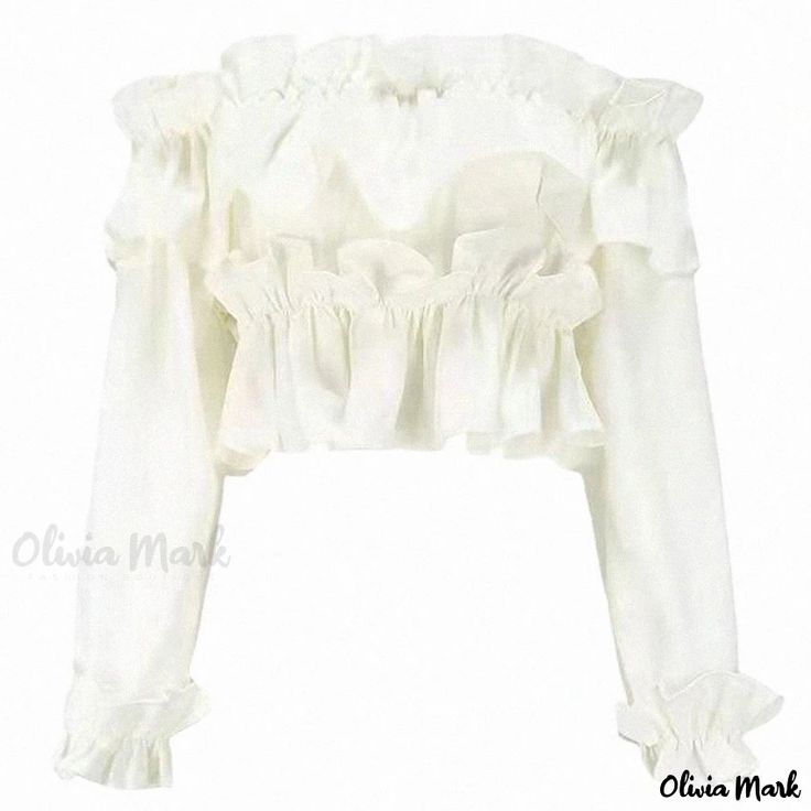 Olivia Mark - Shoulder-Length Long-Sleeve White Blouse with Ruffle Neckline Design White Long Sleeve Blouse, Neckline Designs, White Blouse, Shoulder Length, Flared Sleeves, White Long Sleeve, Types Of Collars, Workout Clothes, Types Of Sleeves