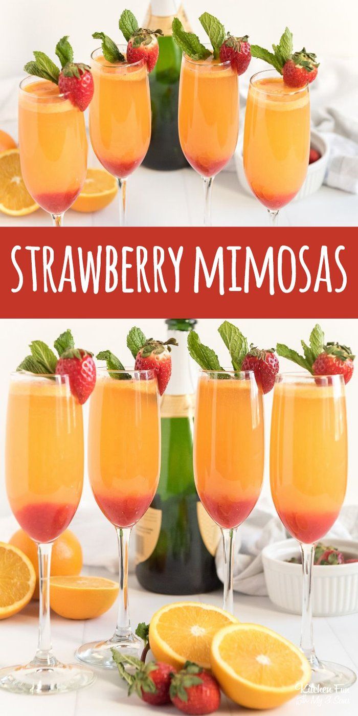 strawberry mimosa cocktail in glasses with strawberries and oranges on the side