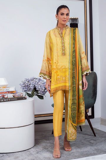 This festive silhouette is cut from cotton net in a refreshing lemon and is detailed with gota and floral embellishments. The look is completed with an organza chatta-pati dupatta with hues of lavender, teal and blush pink with triangular gota finishing and a gold brocade izaar. A piece that is a timeless wardrobe clas Semi-stitched Gold Chanderi Lawn Suit, Designer Gold Raw Silk Lawn Suit, Festive Lawn Suit With Dupatta In Raw Silk, Gold Lawn Suit With Traditional Drape For Designer Wear, Gold Lawn Suit With Traditional Drape, Gold Silk Lawn Suit, Designer Gold Silk Lawn Suit, Festival Anarkali Set With Sheer Dupatta, Gold Straight Kurta Lawn Suit In Raw Silk