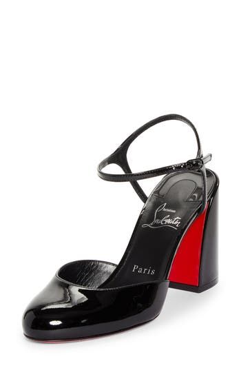 A rounded toe balances the bold, architectural heel of this patent-leather quarter-strap pump grounded by that iconic Louboutin-red sole. 3 1/4" (85mm) heel Adjustable strap with buckle closure Wipe with a soft, dry cloth and store in a dust bag Please note the red lacquer on soles will wear off as a result of normal use. To minimize the effect, avoid wearing in wet weather or on abrasive surfaces Leather upper, lining and sole Made in Italy Designer Shoes Black Block Heels With Glossy Finish, Black Glossy Block Heel Heels, Black Glossy Finish Block Heel, Bold Evening Heels With Sculpted Heel, Black Patent Leather Heels With Glossy Finish, Bold Patent Leather Heels For Formal Occasions, Designer Patent Leather Heels With Red Sole, Modern Heels With Red Sole And Block Heel, Modern Glossy Heels With Round Toe