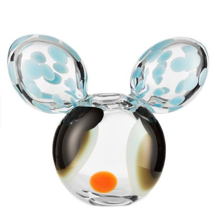 a mickey mouse glass figurine with an orange nose and ears on it's head