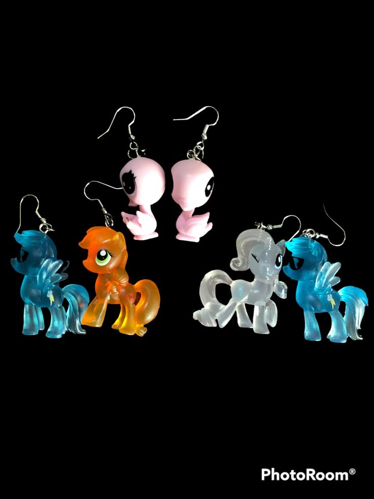 Handmade earrings: Swan Pet Shop; Blue and White Little Pony; Orange and Blue Little Pony Blue Plastic Party Jewelry, Handmade Plastic Jewelry For Gifts, Blue Plastic Earrings For Gift, Blue Cute Drop Earrings, Blue Drop Earrings Cute Jewelry, Blue Drop Earrings Cute Style, Blue Plastic Jewelry As A Gift, Cute Blue Plastic Jewelry, Handmade Plastic Dangle Jewelry