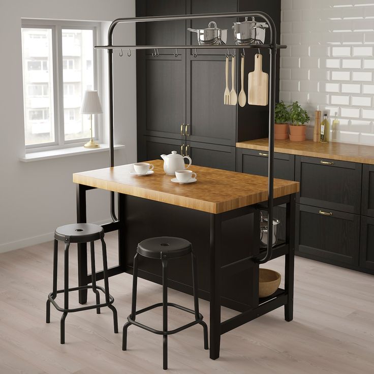 a kitchen island with two stools next to it