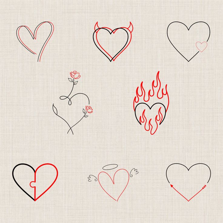 several hearts drawn in different colors and shapes