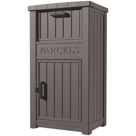 an outdoor storage cabinet with the word parcels on it