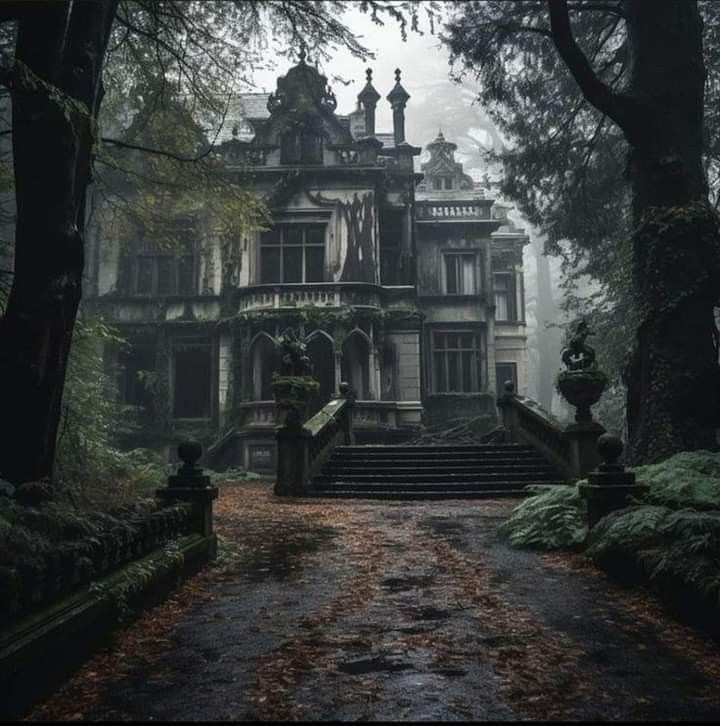 an old house in the woods on a foggy day with stairs leading up to it