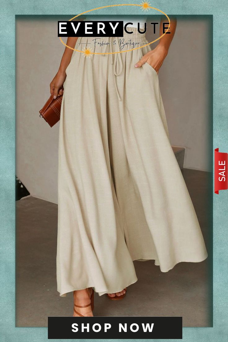 Drawstring Smocked High Waist Wide Leg Pants Non-stretch Wide Leg Pants With Pockets For Vacation, High Waist Drawstring Vacation Pants, High Waist Drawstring Pants For Vacation, High Waist Wide Leg Pants With Pockets For Vacation, Bohemian Summer Bottoms In Solid Color, Bohemian Solid Color Summer Bottoms, Non-stretch Drawstring Bottoms For Beach, High-waisted Drawstring Pants For Vacation, Wide Leg Pants With Pockets For Beach Season