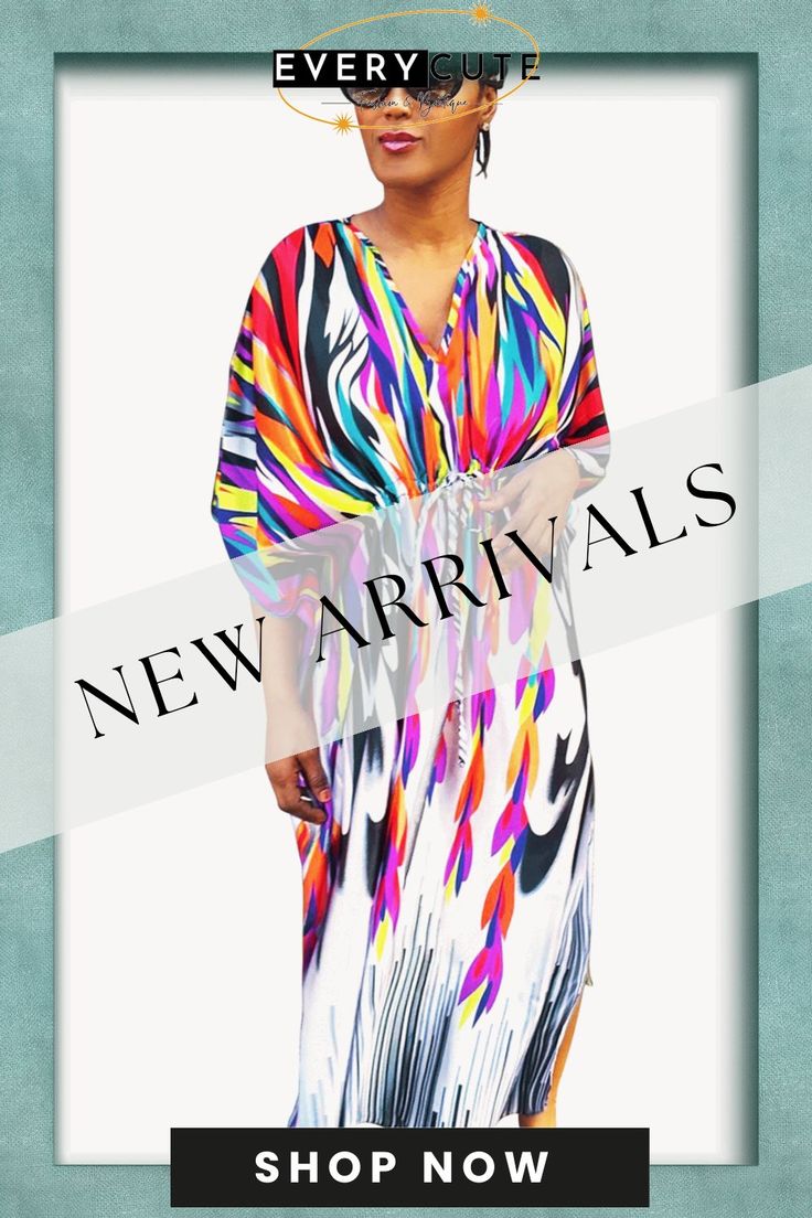 Multicolor Ties Front Kaftan Dress Multicolor V-neck Summer Midi Dress, V-neck Midi Dress With Abstract Print For Beach, Vibrant Multicolor V-neck Dress, Casual Multicolor Maxi Dress With Abstract Print, Multicolor V-neck Beach Dress For Day Out, Multicolor V-neck Midi Dress With Vibrant Print, Vibrant Multicolor V-neck Midi Dress, Multicolor Beachwear Midi Dress As Beach Cover-up, Multicolor Printed Dresses For Day Out