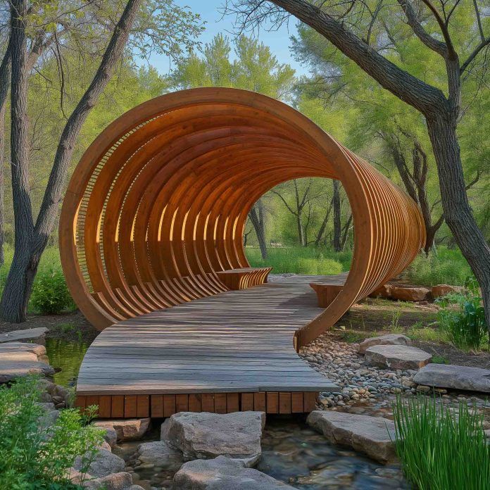 a wooden walkway in the middle of a park surrounded by trees and rocks, leading to a bridge