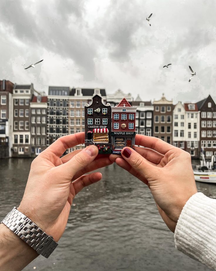 two hands holding up a small house model over a body of water with birds flying overhead