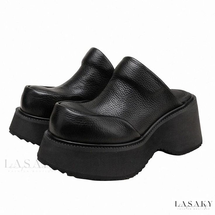 Lasaky - Thick-soled Leather Shoes with Vintage Appeal: Comfortable Wedge Heels and Platform Sandals Casual Leather Wedge Sandals With Thick Bottom, Wedge Sandals With Thick Bottom And Round Toe, Leather Wedge Heels With Thick Bottom, Leather Wedge Heels With Platform, Black Platform Slippers With Chunky Platform And Round Toe, Leather Platform Slippers With Wedge Heel, Synthetic Platform Clogs With Flat Heel, Platform Heels Slip-on Medium Width, Synthetic Mules With Flat Heel And Rubber Sole