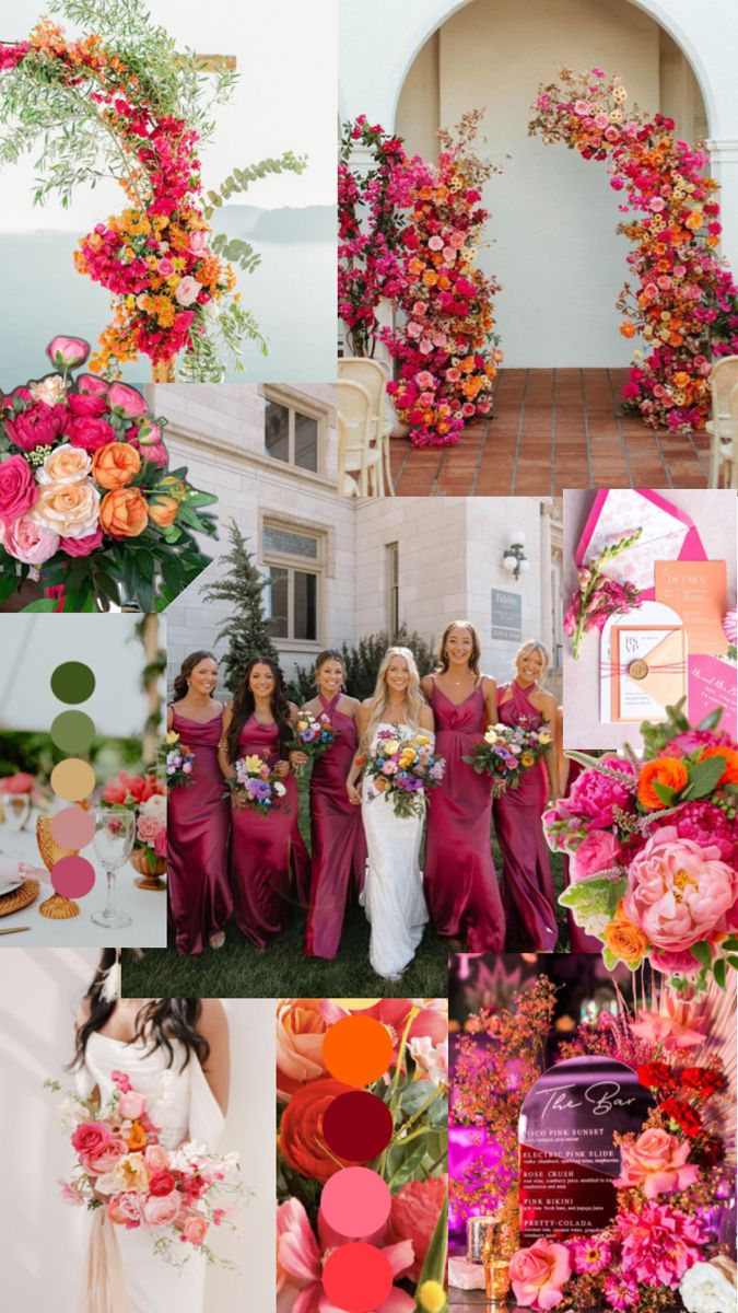 a collage of photos with different flowers and colors on them, including pinks, oranges, yellows, and green