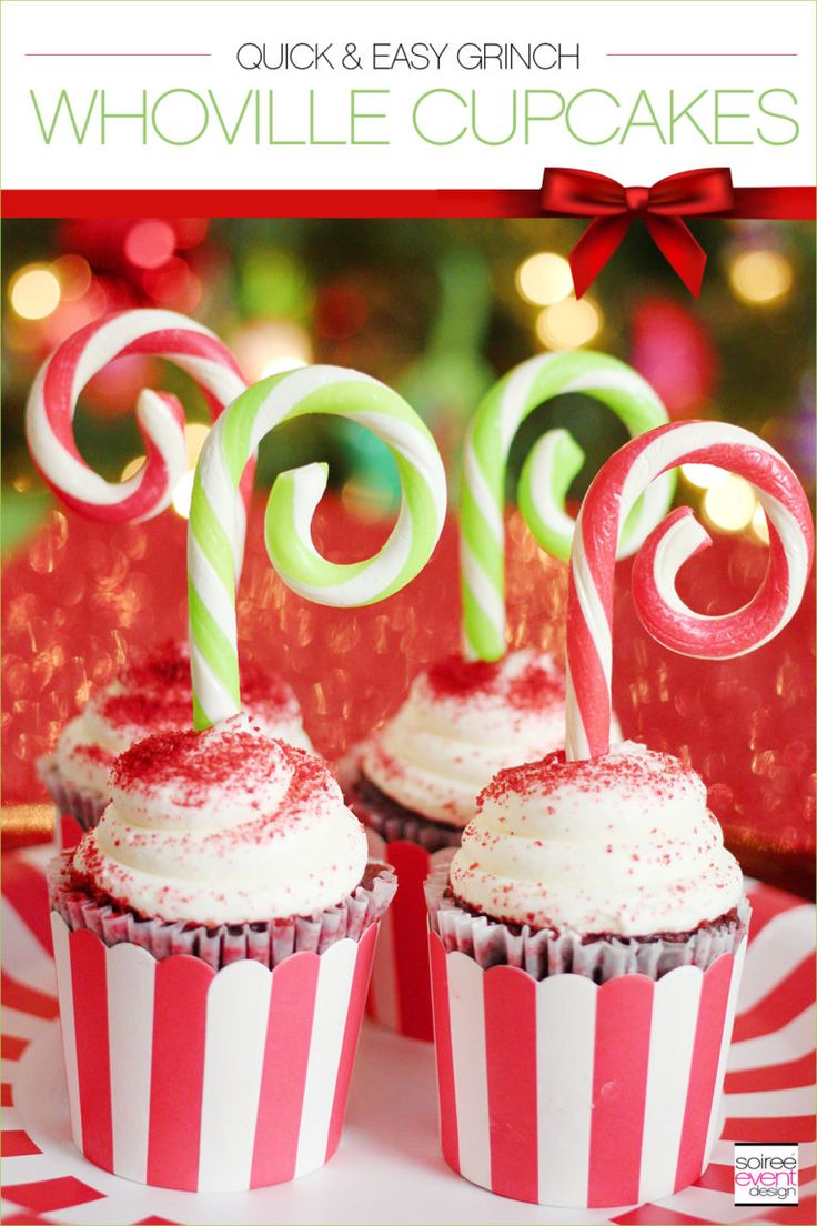 cupcakes with white frosting and candy canes on top