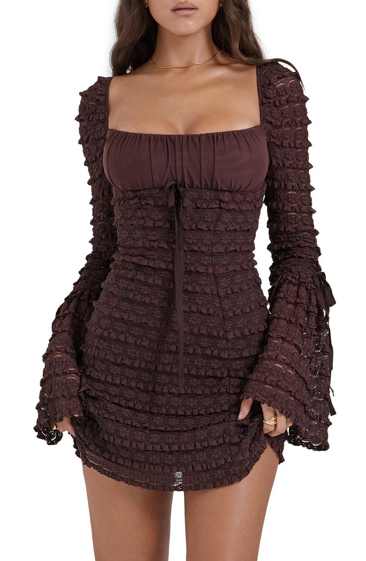 This stunningly ruffled minidress is made of stretchy floral lace and lined with supportive powermesh to sculpt and contour your silhouette perfectly. Exclusive retailer Back zip closure Square neck Long sleeves Powermesh lining 90% polyamide, 10% elastane Dry clean Imported Cheap Brown Flowy Mini Dress, Lace Mini Dress With Ruffles And Square Neck, Square Neck Lace Mini Dress With Ruffles, Fitted Mini Dress With Ruffles For Fall, Fall Mini Dress With Ruffles And Square Neck, Bodycon Mini Dress With Ruffles For Fall, Fall Bodycon Mini Dress With Ruffles, Brown Lace Dress, Long Sleeve Outfits