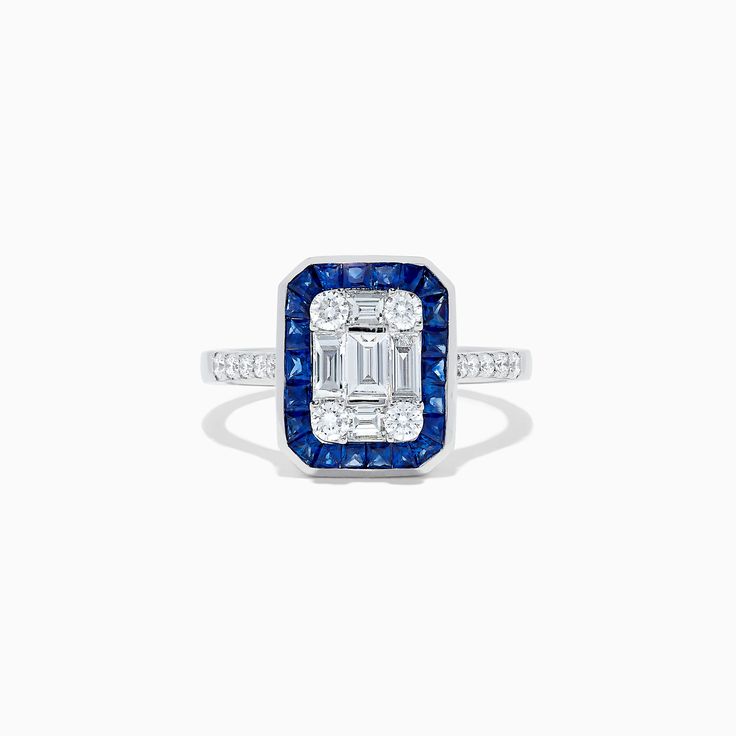 Effy Royale Bleu 14K White Gold Blue Sapphire and Diamond Deco Ring Blue Sapphire Multi-stone Baguette Ring, Blue Sapphire Ring With Multi-stone Baguette Cut, Blue Multi-stone Baguette Cut Sapphire Ring, Blue Emerald Cut 14k Gold Sapphire Ring, Blue Multi-stone Sapphire Ring In Platinum, Blue Multi-stone Platinum Sapphire Ring, Blue Diamond Ring With Baguette Cut, Blue Diamond Platinum Ring Fine Jewelry, Platinum Multi-stone Blue Sapphire Ring