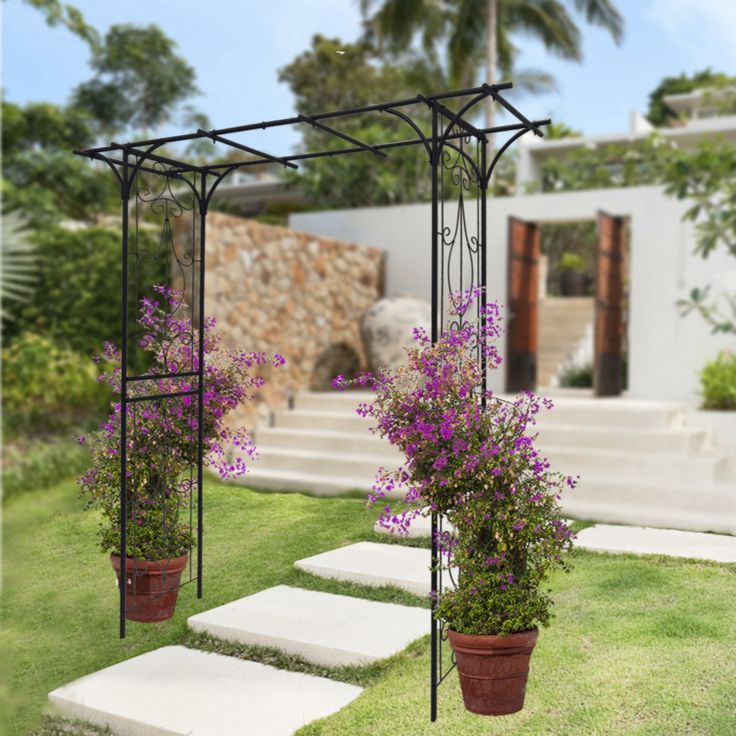 two potted plants sitting on top of cement steps