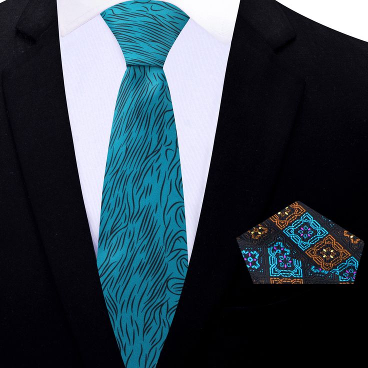 Eternal Green Abstract Tie This teal blue necktie with black wavy lines is a stunning accessory that is sure to make a statement. The bold, wavy pattern gives off a sense of movement and fluidity, adding a touch of energy and vibrancy to any outfit. The teal blue color is a refreshing departure from traditional necktie colors, making it a great option for those who want to stand out and make an impression. It pairs beautifully with a range of dress shirts, including white, light gray, and black. Elegant Multicolor Neckwear With Ties, Elegant Green Tie With Pocket Square, Elegant Multicolor Standard Tie, Elegant Blue Semi-formal Pocket Square, Elegant Blue Pocket Square For Semi-formal Occasions, Elegant Multicolor Formal Pocket Square, Elegant Multicolor Pocket Square, Elegant Multicolor Pocket Square For Formal Wear, Elegant Multicolor Pocket Square For Formal Occasions