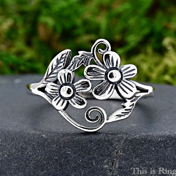 Solid 925 Sterling Silver 14mm Five Petals Flowers Swirl Vine Branch Leaves Garden Ring  → Oxidized & Rhodium Plated → 14mm Height → SOLID 925 Sterling Silver → Not Plated or Silver Filled → Minimalist Design → 925 Stamped The ring comes with a gift box as shown in the product description picture; Ready for gifting. Spring Sterling Silver Ring, Sterling Silver Ring For Spring, Adjustable Sterling Silver Ring For Spring, Adjustable Silver Flower Ring Nature-inspired, Sterling Silver Open Ring For Spring, Handmade Silver Flower Ring For Spring, Bohemian Flower Ring For Spring, Spring Silver Sterling Silver Flower Ring, Silver Flower-shaped Rings For Spring