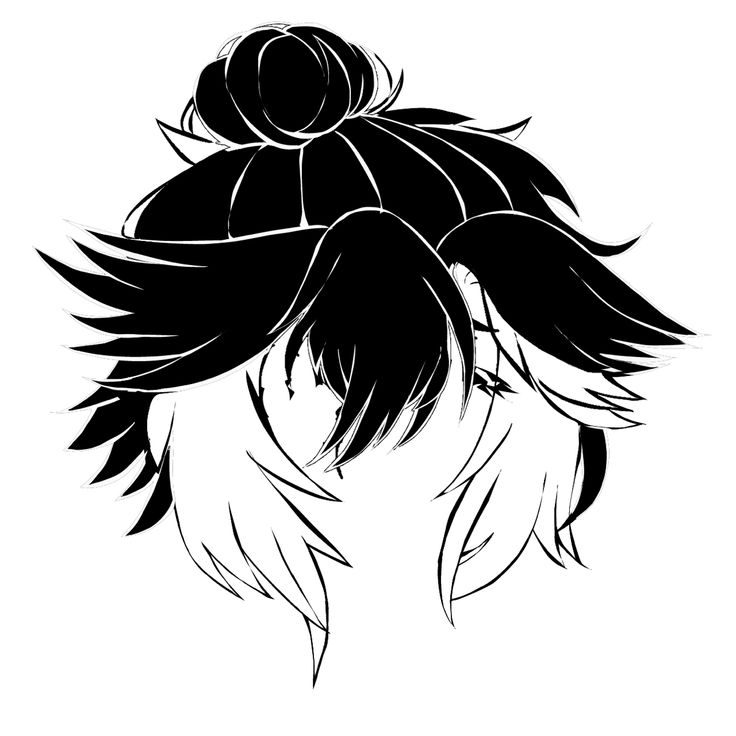 a black and white drawing of an anime character with long hair, wearing a ponytail