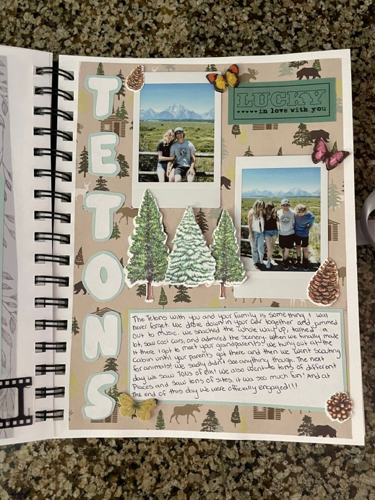 an open scrapbook with photos and writing on it