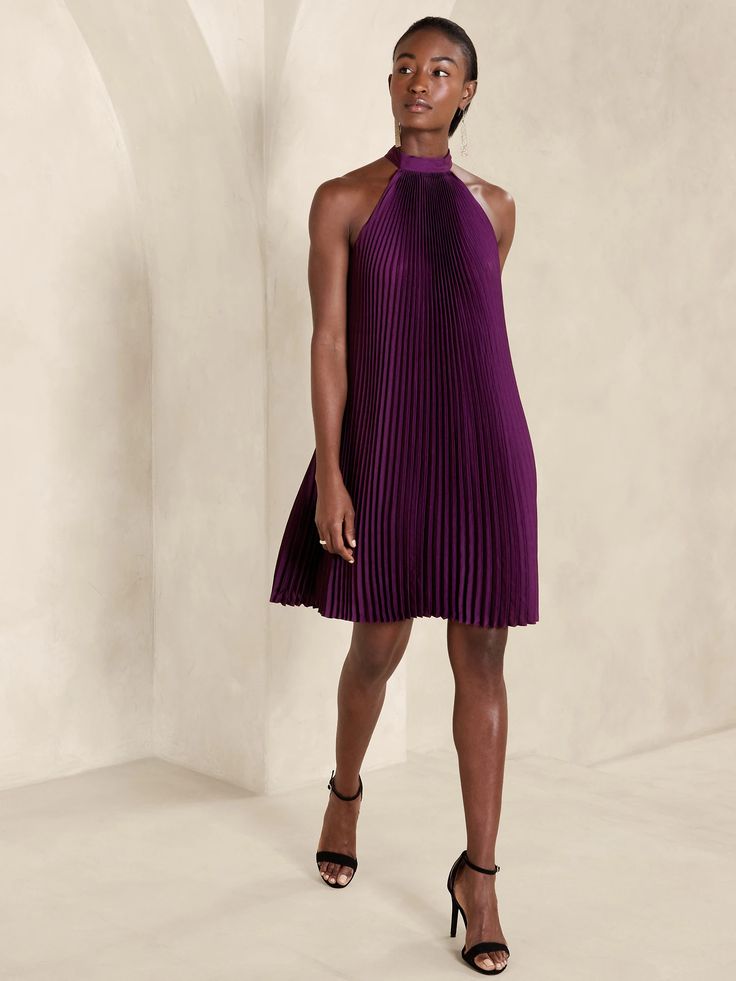 Halter Pleated Mini Dress | Banana Republic Factory Chic Sleeveless Halter Neck Dress With Tie Back, Pleated Halter Neck Dress For Party, Halter Neck Dress With Pleated Bodice For Date Night, Chic Pleated Halter Neck Dress, Spring Pleated Halter Dress For Night Out, Pleated Halter Dress For Evening, Pleated Halter Neck Dress For Night Out, Chic Pleated Halter Party Dress, Pleated Halter Neck Dress For Date Night