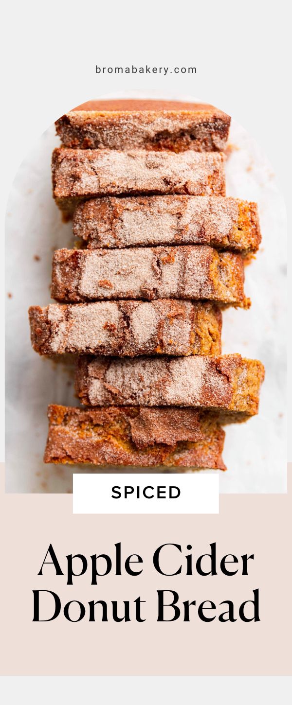 apple cider donut bread stacked on top of each other with the words spiced above it