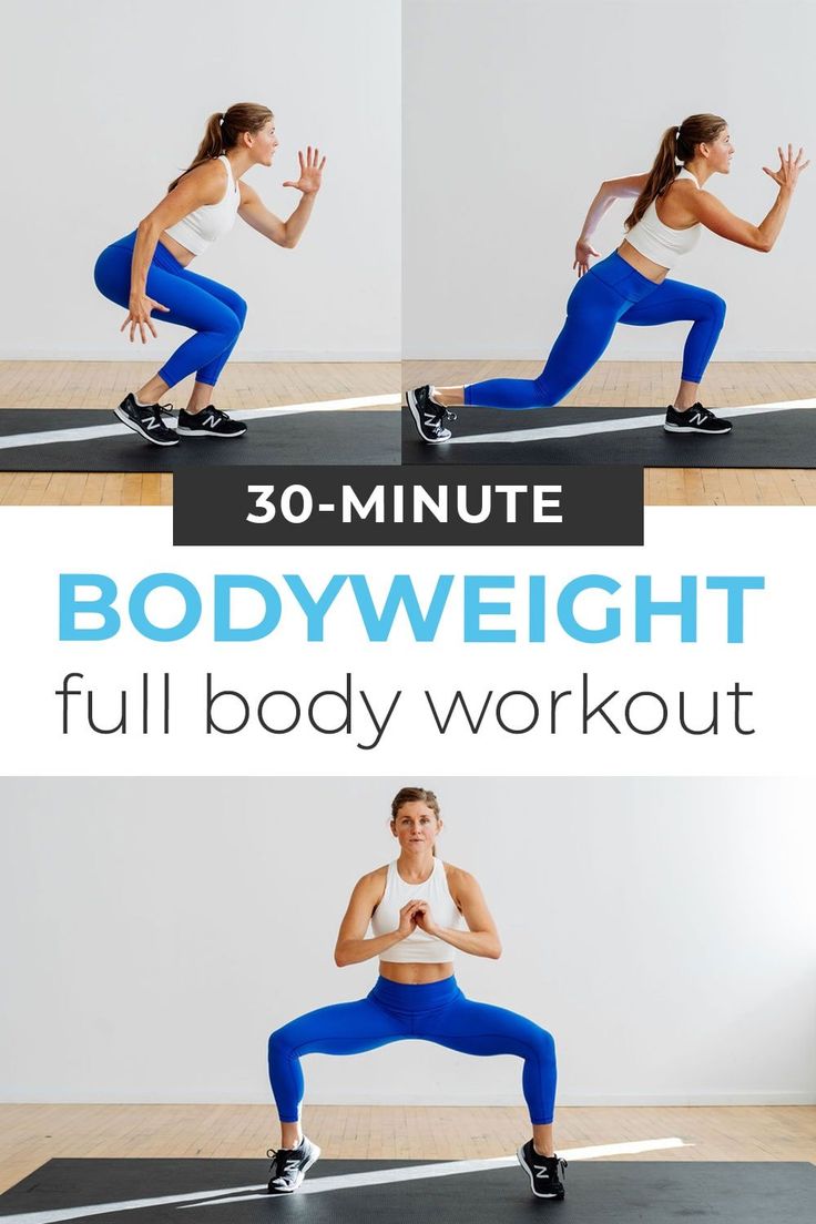 a woman in blue leggings and white top doing a full body workout with the words, 30 - minute bodyweight full body workout