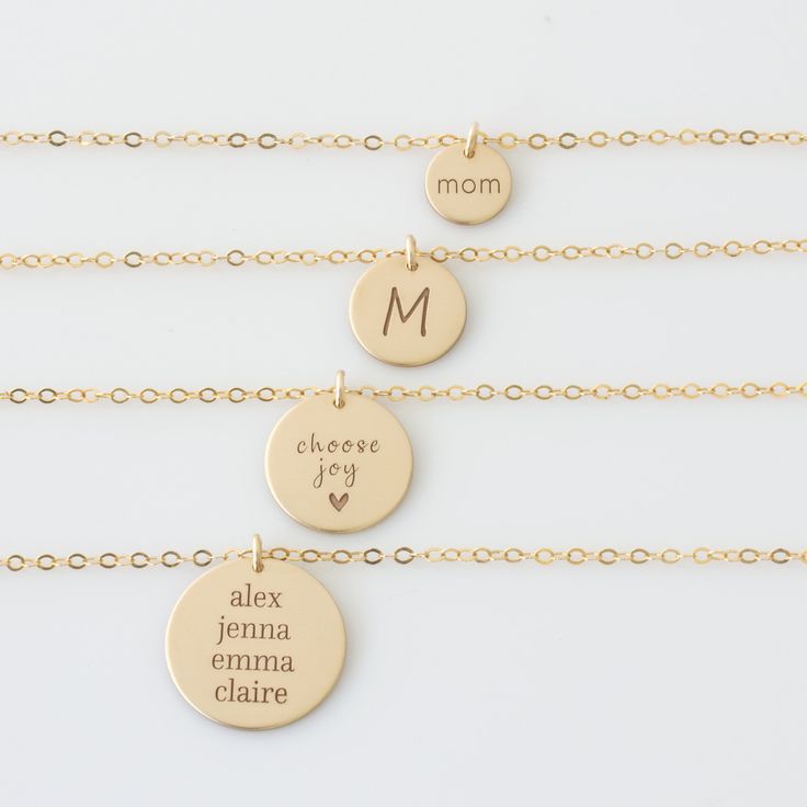 "CLASSIC GOLD DISC NECKLACE Choose your disc size! Our engraved disc necklaces come in 4 sizes, mini 3/8\", small 1/2\", medium 5/8\"or large 3/4\". Engraved and hand assembled with care and love, it comes in 14k gold fill, rose gold fill, or sterling silver. Perfect for layering with our bar necklaces and dainty stone necklaces. * Listing is for one disc necklace, your choice of size HOW - TO - ORDER 1. Select your options from the drop down menu see photo for font styles and symbol options 2. Customizable Gold Necklace Gift For Mom, Gold Nameplate Charm Necklace For Mom, Gold Initials Jewelry As A Gift For Mom, 14k Gold Name Necklace With Round Shape, 14k Gold Stamped Round Pendant Necklace, 14k Gold Round Necklace With Name Detail, 14k Gold Round Necklace With Name, Customizable Gold Charm Necklaces For Mom, Gold Engraved Initial Necklace For Mother's Day