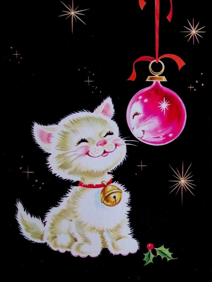 a painting of a white kitten playing with a christmas ornament