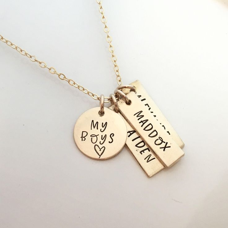 "My Boys - hand stamped personalized necklace - mothers necklace - Gift for Mom of Boys - Gold Filled Mommy Necklace - Gold Mom Necklace 1 5/8\" gold filled disc stamped \"my boys\" 1\" gold filled rectangle name tags (You choose how many name tags you need from the drop down box) The charms hang from a gold filled cable chain. Info to include in the notes to seller during checkout: names/words to stamp on each charm length of chain (16, 18 or 20 inches) As with all hand stamped jewelry, each pi Mother Necklaces, Grandmothers Necklace, Watch Charms, Mother Necklace Personalized, Homemade Items, Mommy Necklace, Mom Of Boys, Custom Charm Necklaces, Stamped Necklaces