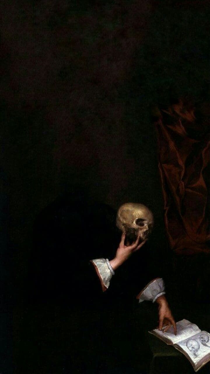 a painting of a man holding a skull in his hand