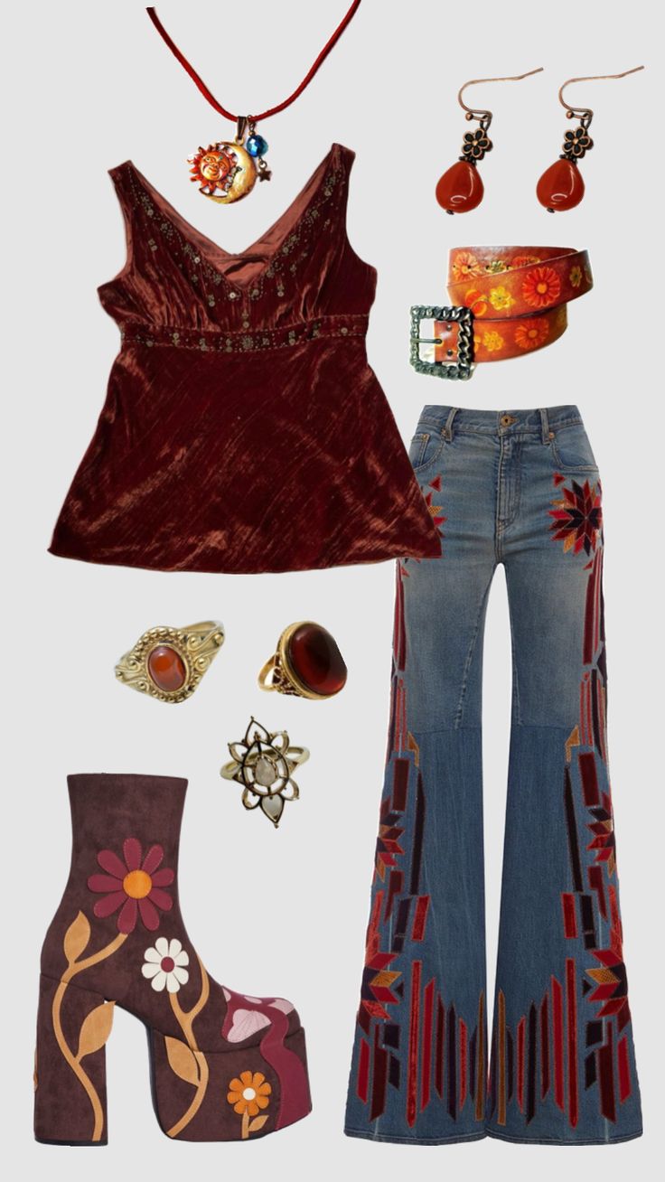 70s Jean Outfits, 60's Party Outfit, 70s Western Outfits Women, 70 Theme Party Outfit Women, Funky Outfits For Women 70s, Whimsical 70s Outfits, Vintage 70s Aesthetic Outfits, Edgy 70s Outfits, 70s Outfit Inspo Women