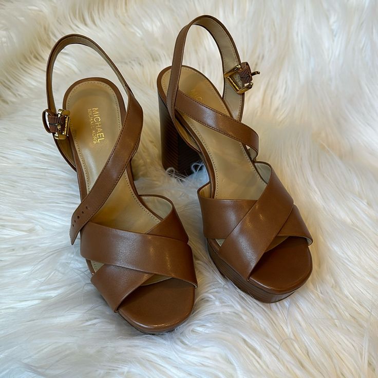 New Michael Kors Size 7 No Box- Never Worn Brown Almond Toe Sandals With Branded Heel Counter, Brown Almond Toe Sandals With Branded Heel, Brown Almond Toe Heels With Removable Insole, Brown Heels With Leather Lining And Medium Width, Modern Brown Heels With Leather Lining, Michael Kors Shoes, Shoes Women Heels, Shoes Heels, Michael Kors