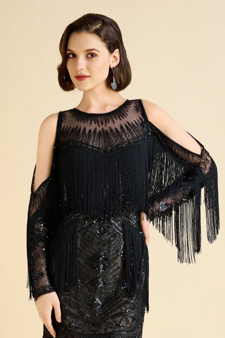 The sheer neckline offers a glimpse of subtle sensuality, elegantly framing the face and collarbone. Long sleeves, adorned with playful fringe, cascade gracefully, enhancing your movements with every step. Fringed sides at the waist create a flattering silhouette, emphasizing your figure while adding a touch of vintage glamour. Intricate beadwork adds a layer of luxury and craftsmanship, creating a mesmerizing effect that captures the light and draws admiration. Features: Off-shoulder design See Flapper Dress With Beaded Fringe For Night Out, Night Out Flapper Dress With Beaded Fringe, Elegant Fringe Evening Dress For Party Season, Gatsby Style Beaded Fringe Flapper Evening Dress, Gatsby Style Beaded Fringe Flapper Dress For Evening, Flapper Dress With Fringe For Party, Elegant Tasseled Evening Dress, Glamorous Black Beaded Fringe Flapper Dress, Elegant Beaded Fringe Flapper Dress For Prom