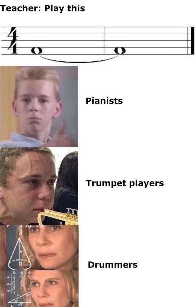 some music notes with pictures of people and words on them that say, teacher play this pianos trumpet players drummers