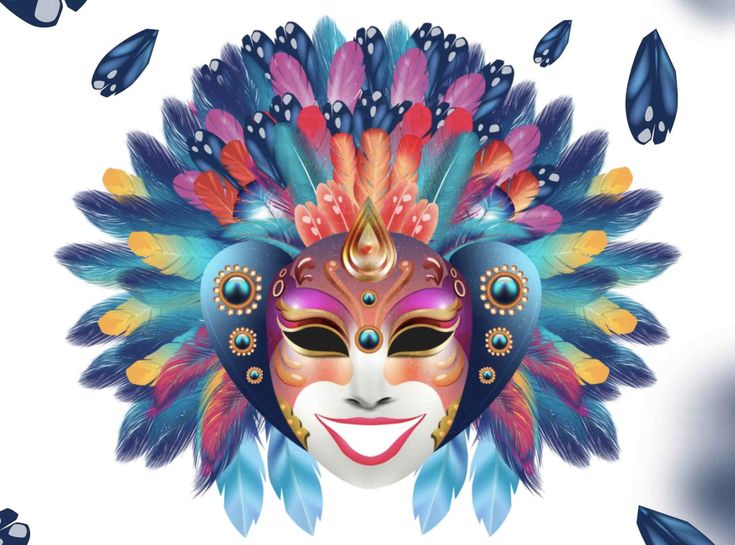 a colorful mask with feathers on it