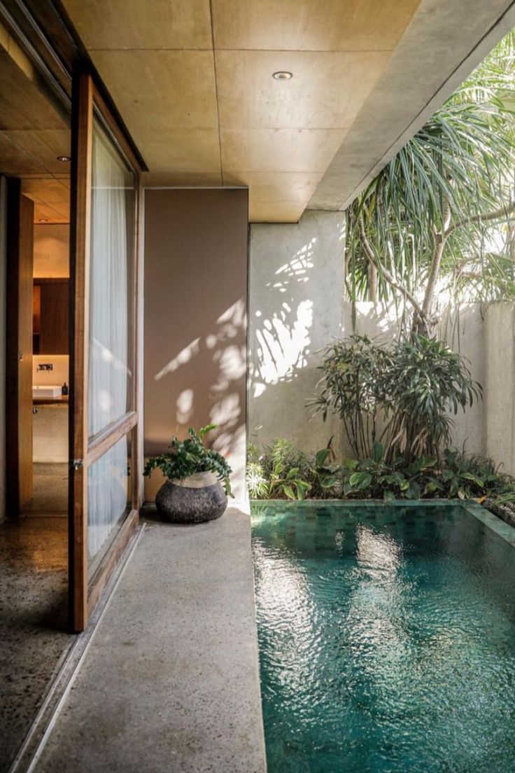 an indoor swimming pool in the middle of a room with large windows and plants on either side