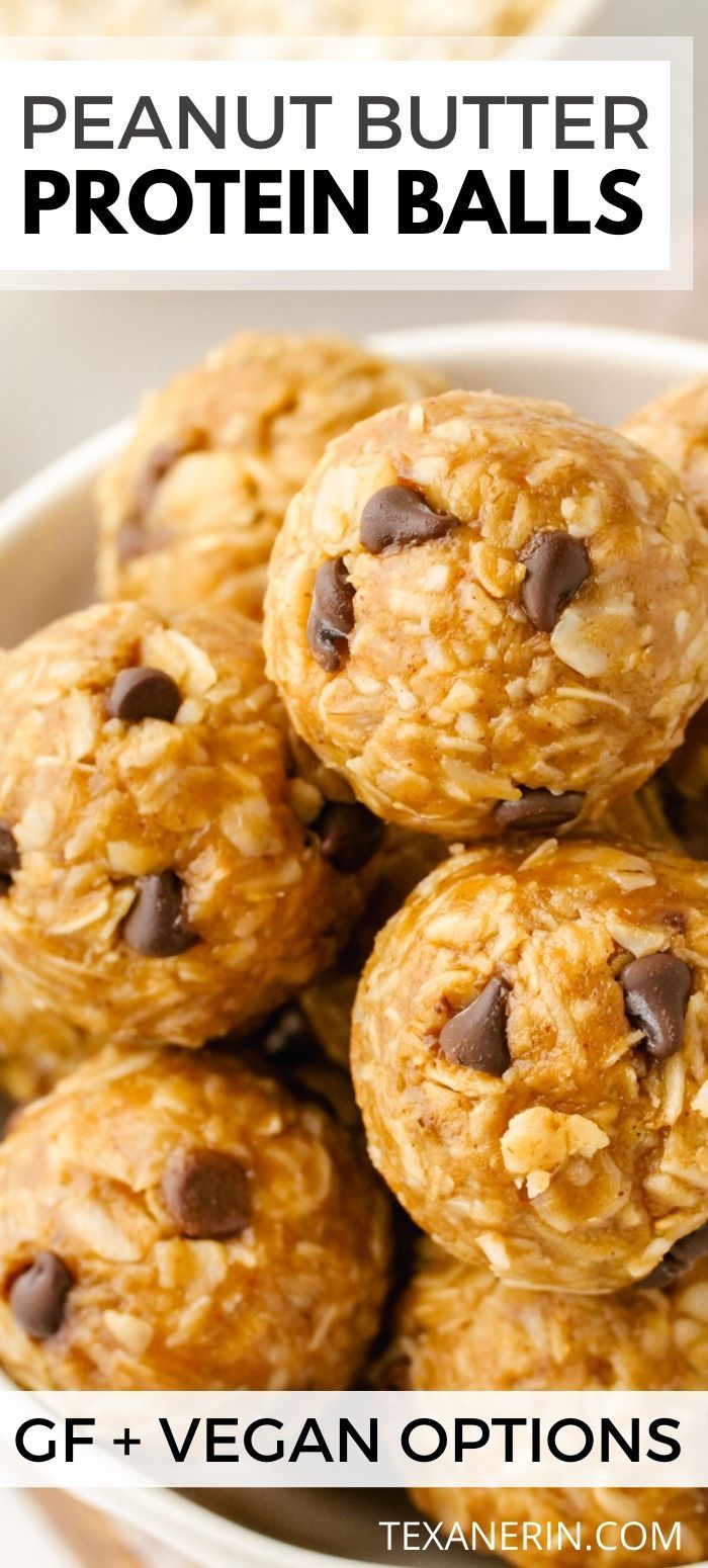 peanut butter protein balls in a bowl with chocolate chips on top and text overlay that reads gf + vegan options