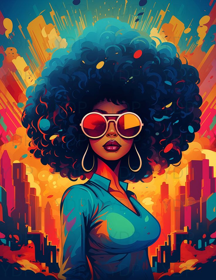 an illustration of a woman with afro hair and red sunglasses on her head, standing in front of a cityscape