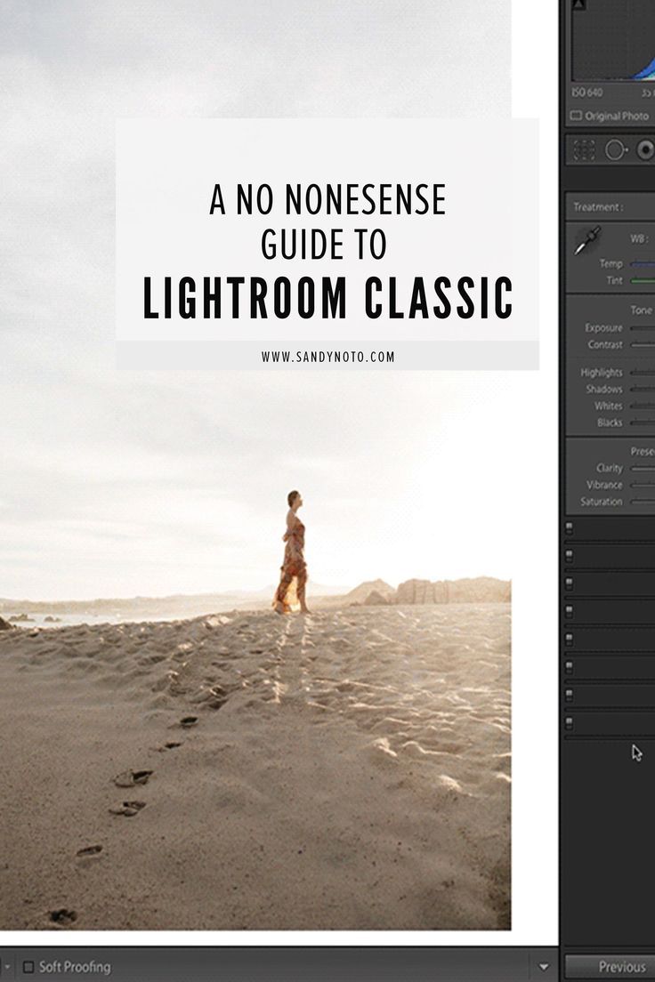 an image of a person standing in the sand with text overlay that reads, a no nonsenses guide to lightroom classic