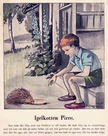 an old children's book page shows a boy feeding a hedgehog with his hand