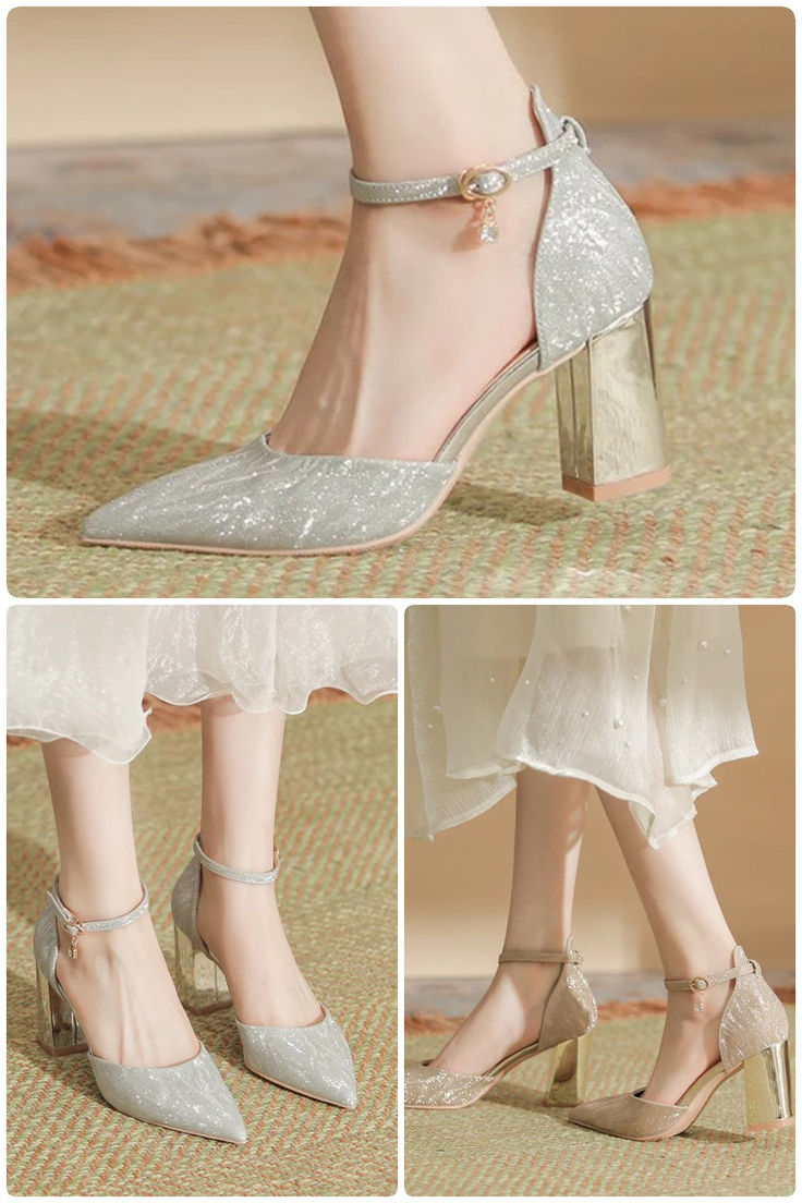 acelimosf™-Thick heel strap hollow high heels Silver Pointed Toe Wedding Shoes For Spring, Silver Pointed Toe Wedding Shoes For Summer, Silver Ankle Strap Wedding Shoes For Spring, Chic Silver Wedding Shoes For Spring, Silver Closed Toe Wedding Shoes For Spring, Chic Silver Wedding Shoes For Summer, Elegant Silver Wedding Shoes With Block Heel, Spring Wedding Silver Closed Toe Shoes, Silver High Heel Wedding Shoes With Heel Strap