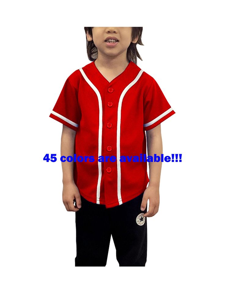 Kids baseball button down jersey for sports & league team uniforms. Proudly made in the U.S with high quality and comfort fit for everyday casual occasion. Easy to customize. Easy to add on your own custom designs, text, and team logos. Buttons spaced for easy application. Available in multiple colors and sizes(6M - 16Y). College Team-colored Cotton Baseball Jersey, College Baseball Jersey In Team Colors, Team-colored Cotton Baseball Jersey For Sports Fans, Customizable Cotton Baseball Jersey For College, College Cotton Jersey With Baseball Collar, Short Sleeve Baseball Jersey With Team Name, Customizable Red Collegiate Tops, Team-colored Cotton Baseball Jersey For Sports Season, Team-colored Fitted Baseball Jersey For Sports Events