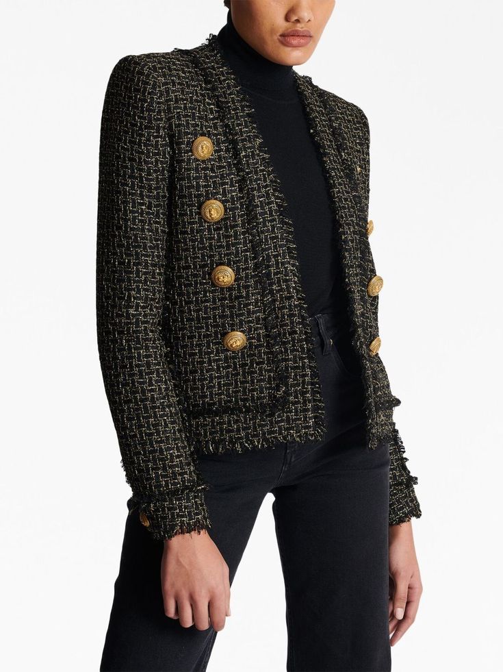 Balmain Jacket, Grey Tweed, Versace Outfit, Pierre Balmain, Jacket Design, Jackets Online, Casual Work, Tweed Jacket, Double Breasted